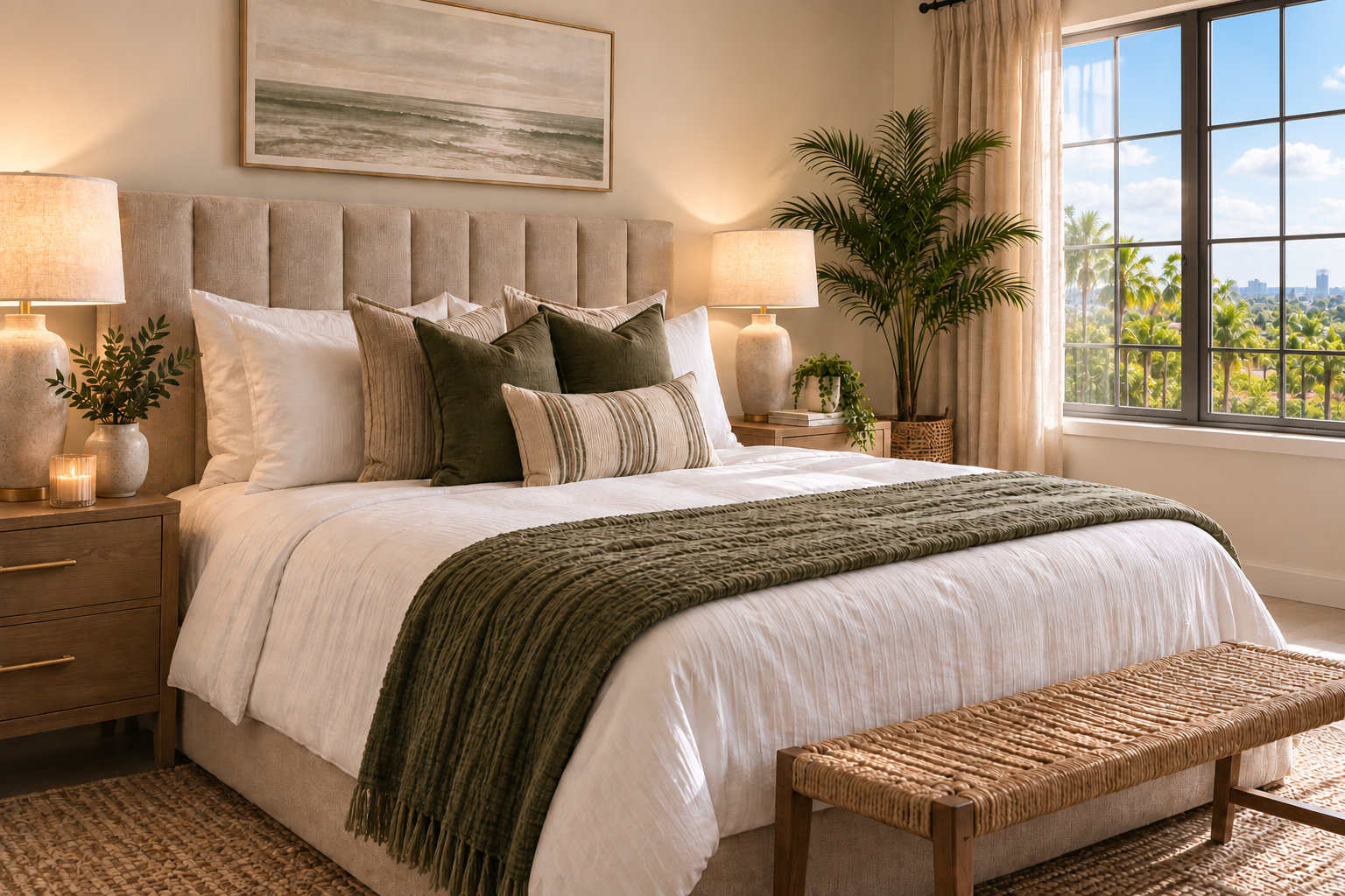 Cozy bedroom with large bed, beige upholstered headboard, multiple pillows, green and beige bedding, side tables with lamps, potted plant, large window with curtains showing palm trees and cityscape.