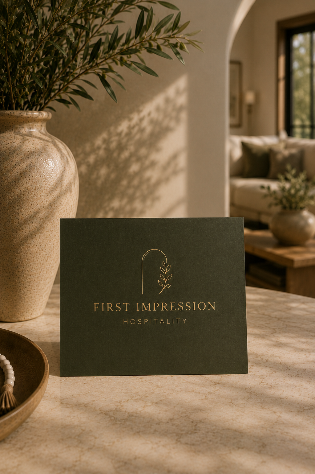 A dark green card with gold text that reads "First Impression Hospitality" on a marble surface. To the left, there's a large beige ceramic vase with green olive branches. In the background, a cozy living room with sofas and a window letting in natural light.