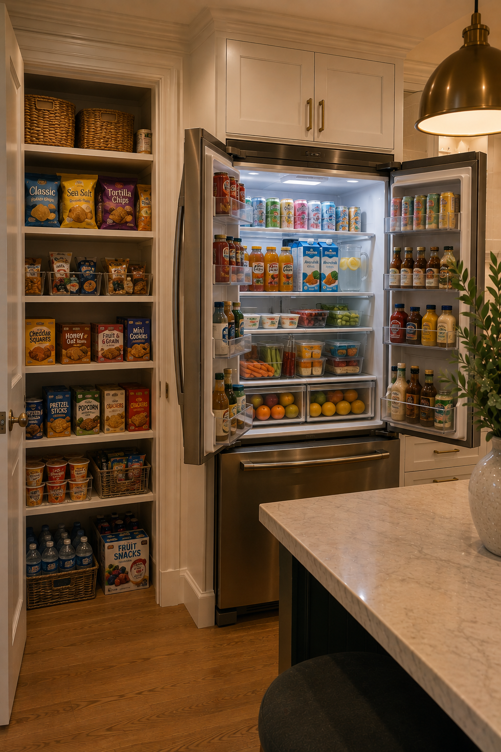 Open refrigerator with various beverages, fruits, and vegetables, alongside pantry shelves stocked with snacks and canned goods in a kitchen.