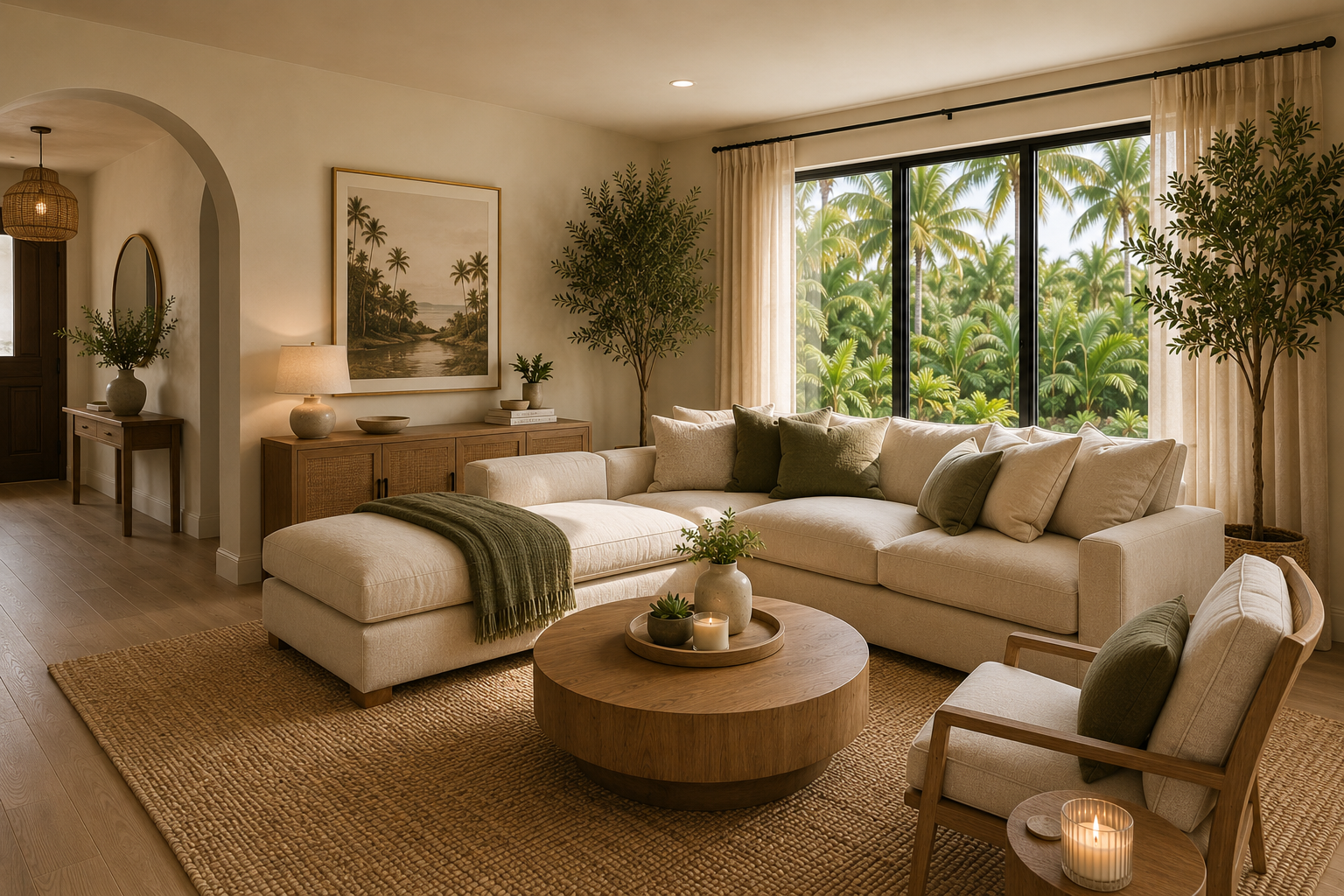 Living room with beige sectional sofa, green cushions, wooden coffee table with plants and candles, armchair with green cushion, large window with greenery outside, potted trees, framed tropical landscape art, sideboard with lamps and plants, woven rug, and ambient lighting.