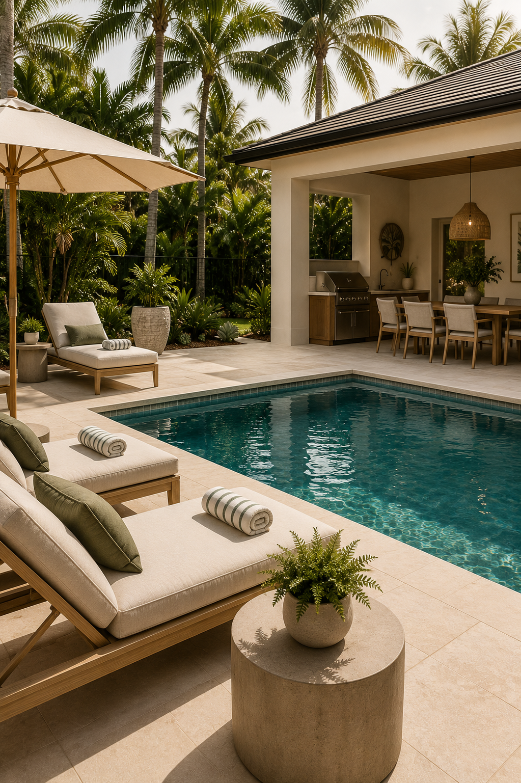 A backyard featuring a swimming pool surrounded by lounge chairs with striped towels, shady umbrella, hedge, and tropical trees; outdoor dining area with a wooden table, chairs, an outdoor kitchen, and lush greenery.