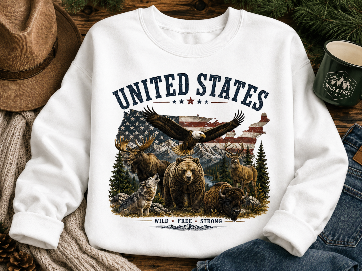 White sweatshirt with patriotic and nature scene, featuring an American flag background, mountains, trees, and various wildlife including an eagle, bear, elk, wolf, moose, and bison, with the text "United States," "Wild & Free," and "Strong."