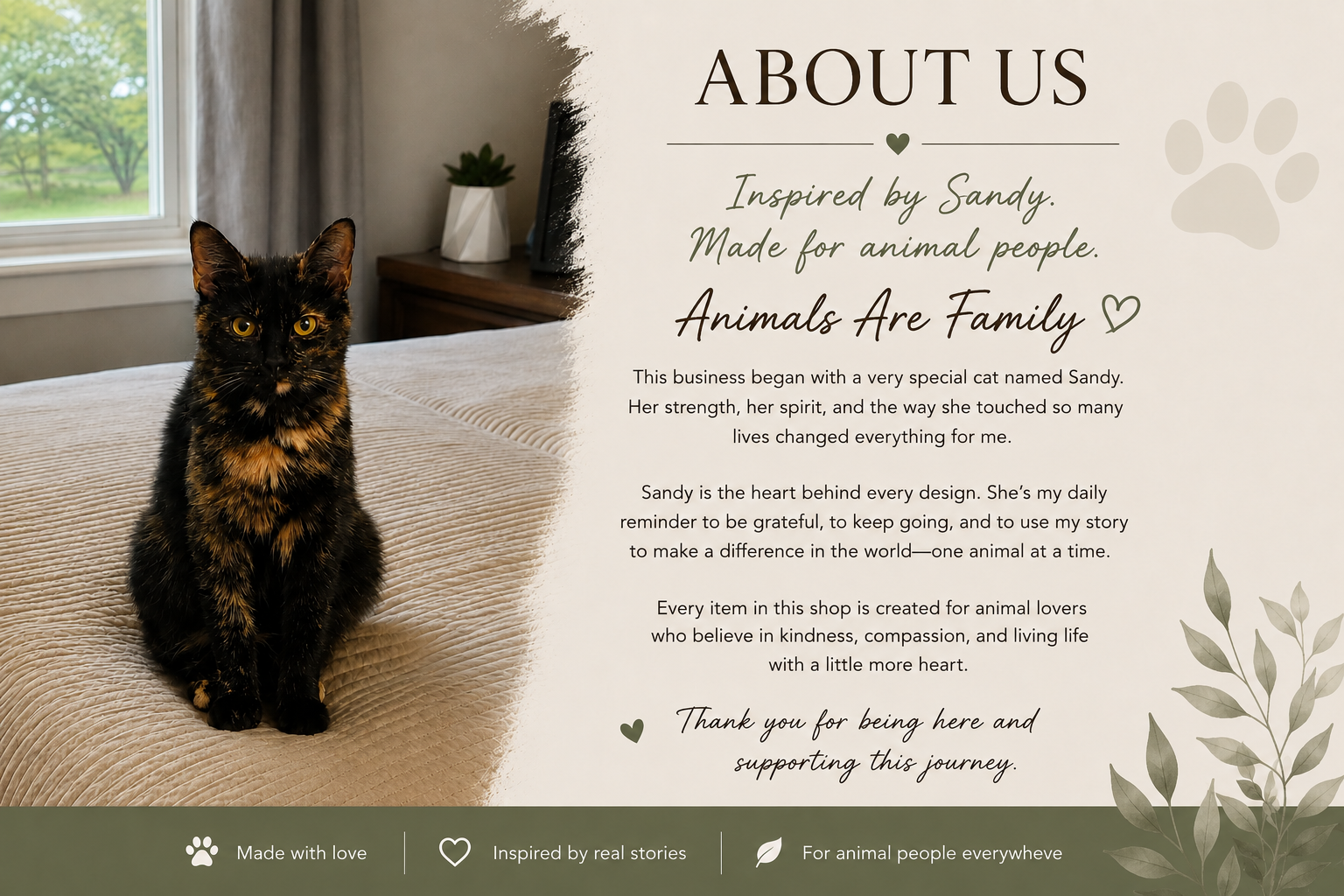 An informational card with a photo of a black and orange tortoiseshell cat sitting on a bed, looking at the camera, beside text about a business inspired by a cat named Sandy. The background includes a window with a view of green trees outside, and the card features decorative leaf and paw print graphics with a message about supporting animal lovers.
