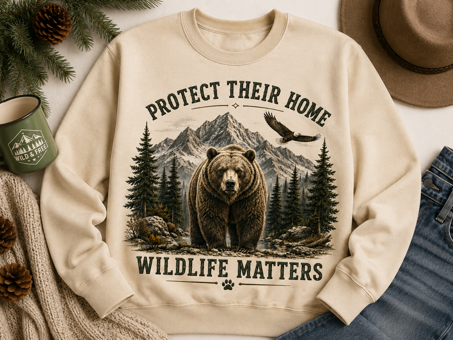 Sweatshirt with mountain and forest scene featuring a bear, eagle, and the text 'Protect Their Home' and 'Wildlife Matters'.