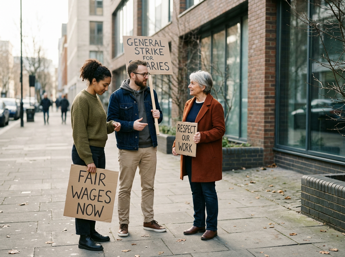 Three people protesting on a city sidewalk holding signs related to workers' rights, including one that says 'General Strike for Paries,' another 'Respect Our Work,' and a third 'Fair Wages Now.'