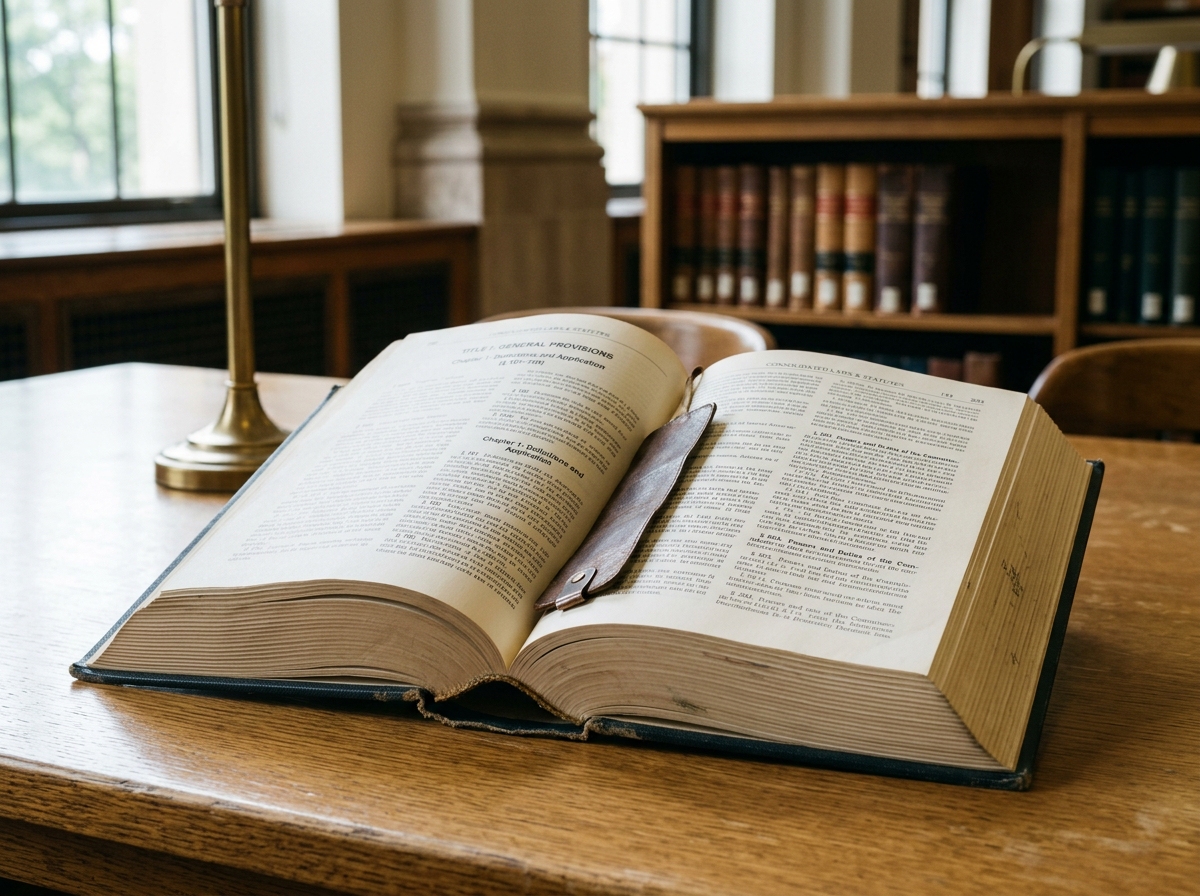 Open legal book on wooden table in a library, with background of bookshelves and windows.