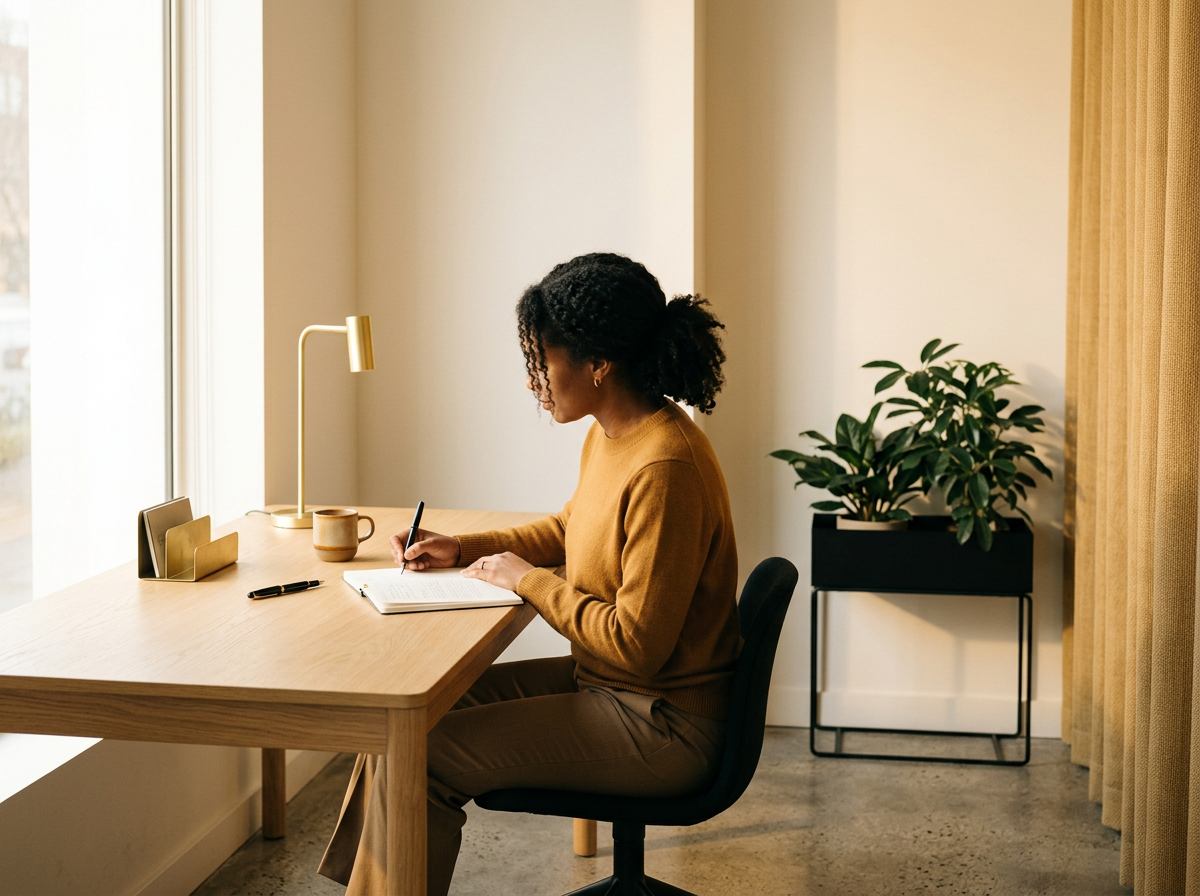 A woman with curly hair sitting at a wooden desk, writing in a notebook, next to a window with beige curtains, a table lamp, a coffee mug, and a black planter with a green leafy plant.
