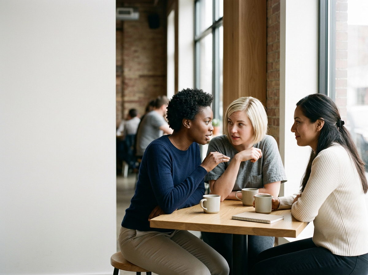 Three women are sitting at a wooden table in a coffee shop, engaged in conversation. They have coffee mugs and a notebook on the table, and large windows behind them let in natural light.