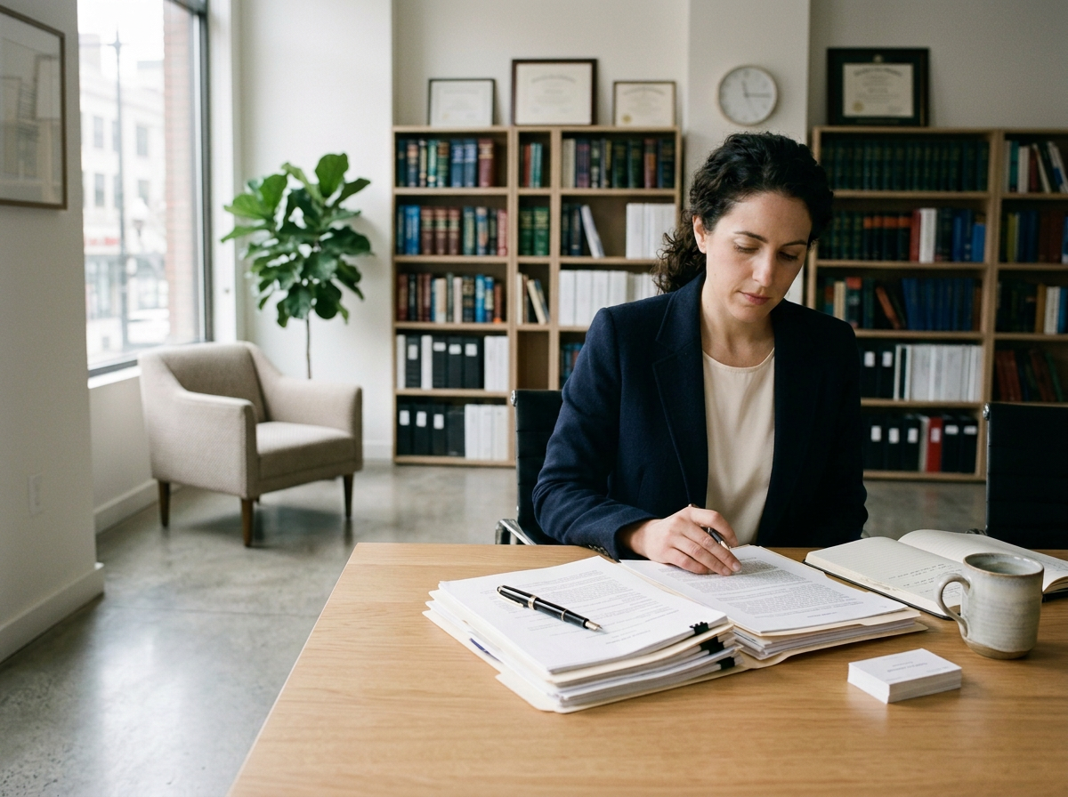 A woman working at a desk in an office. She is reviewing documents with a pen in her hand, with a large stack of papers, a pen, a mug, and an open notebook on the desk. The office has a window, a bookshelf with binders and books, a potted plant, and framed certificates on the wall.