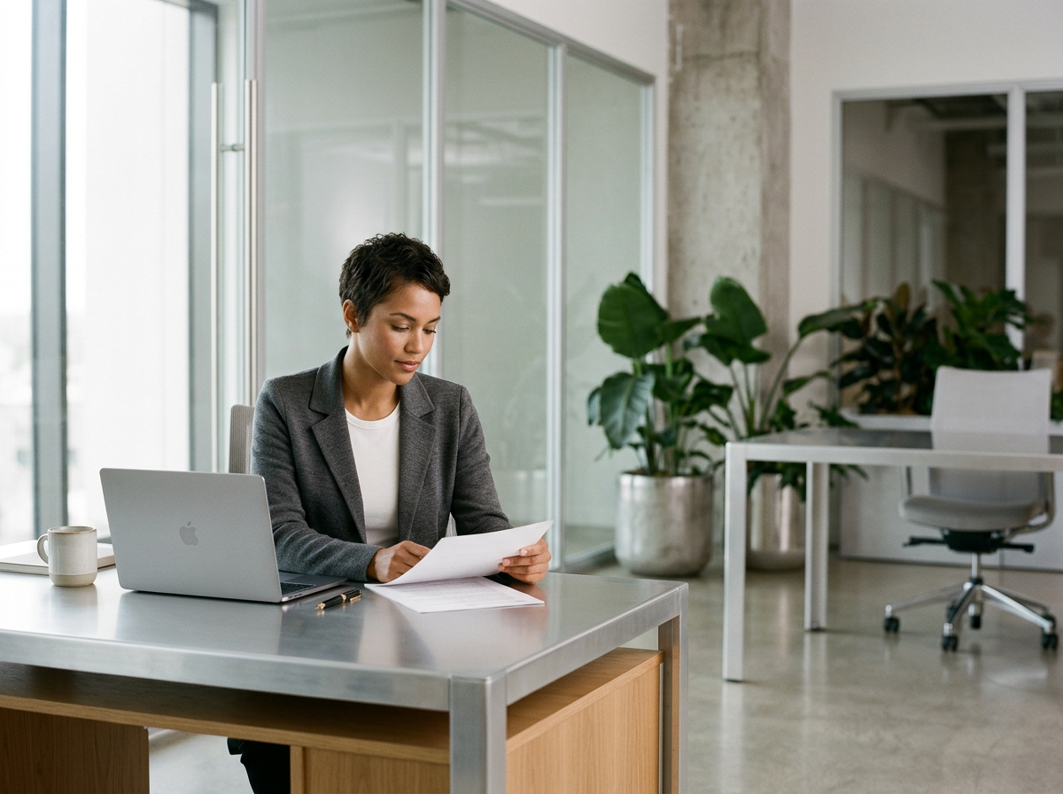 Businesswoman sitting at a desk, reading papers with a laptop and coffee mug, in a modern office with large windows and green plants.