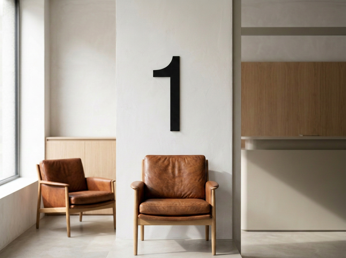 Waiting area with leather chairs, large window, and a wall with a black number 1.