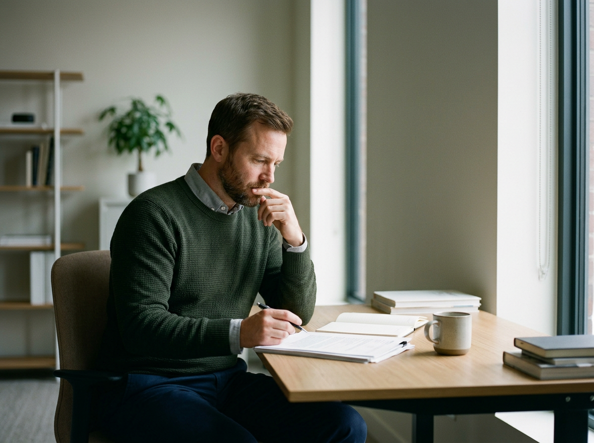 A man sitting at a desk, reading and reviewing documents, with a thoughtful expression, in a bright office space with a potted plant and books.