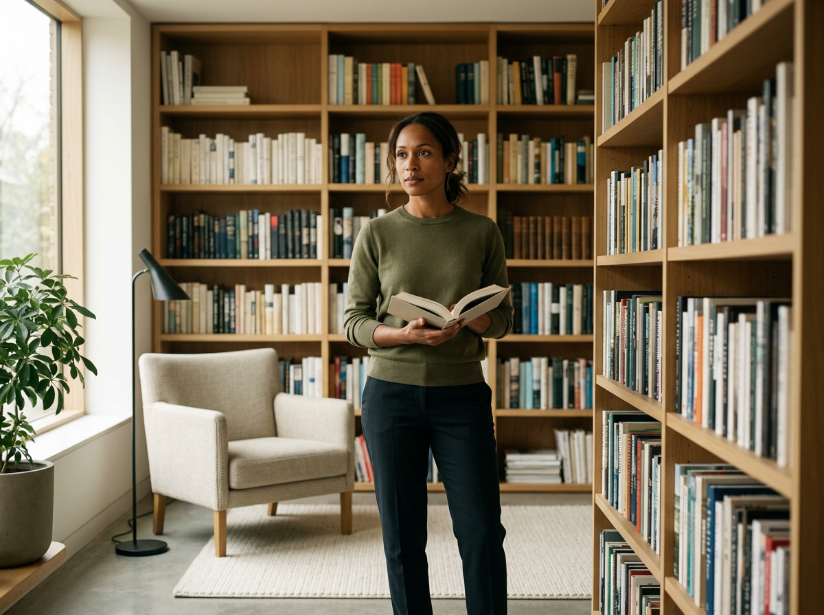 A woman with dark hair standing in a library, holding an open book, with bookshelves filled with books behind her and a window with natural light to her left.