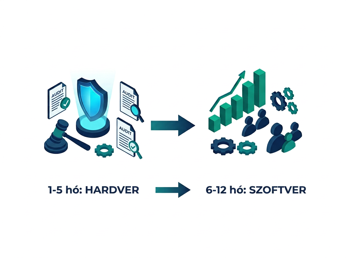 Progression diagram of software development stages, showing a transition from 'hardver' (hardware) in 1-5 months to 'szoftver' (software) in 6-12 months, with icons representing security, audit, analysis, growth, and team collaboration.