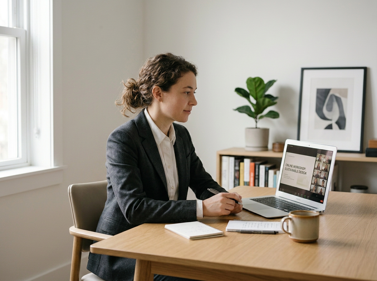 Woman in business attire attending an online workshop on her laptop in a home office.