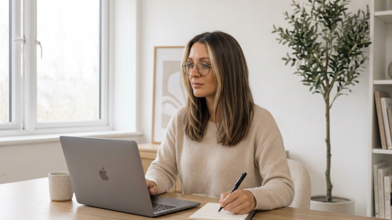 Freelance digital marketing consultant working at a laptop in Staffordshire.