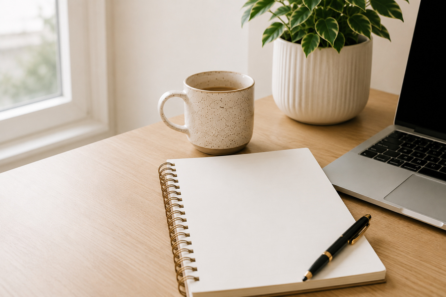 Notebook, pen and laptop on a desk representing professional copywriting services.
