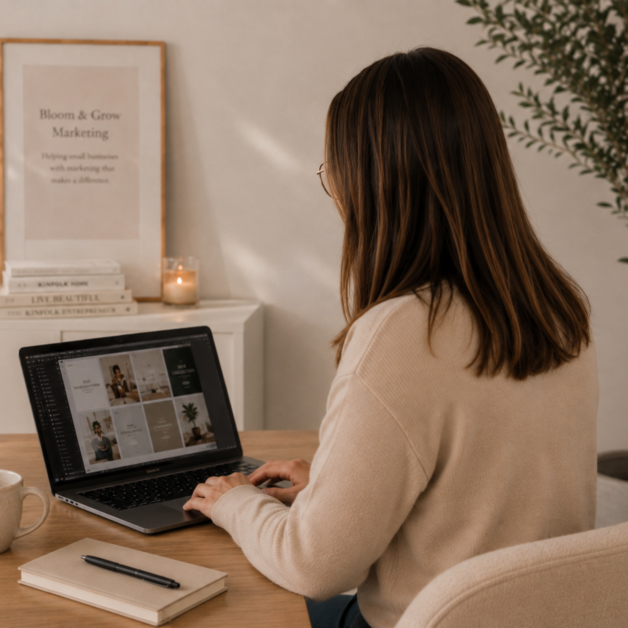 Social media content creation and planning on a laptop.