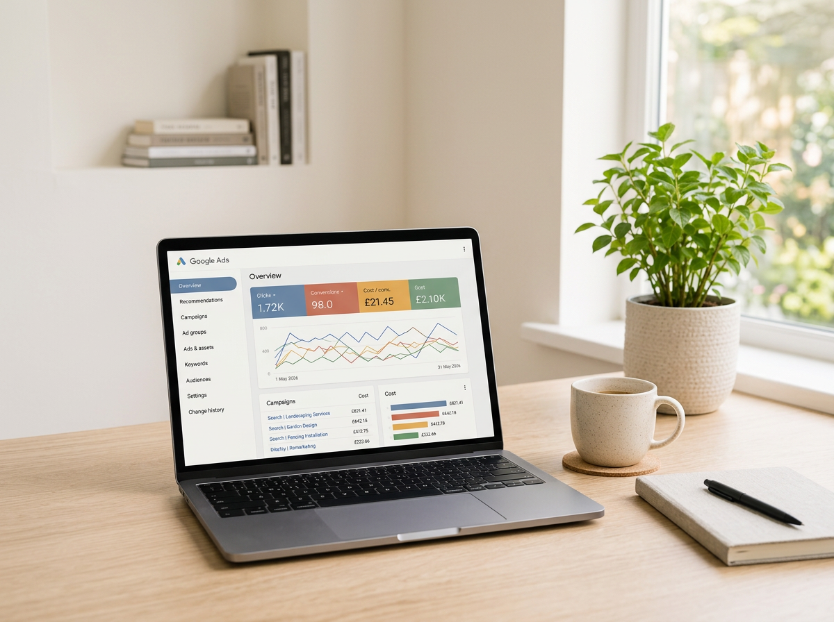 Google Ads campaign performance dashboard on a laptop for PPC management.