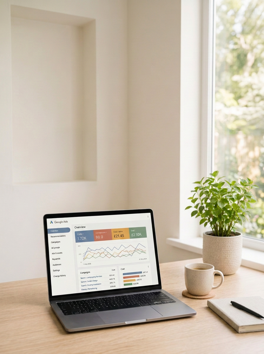 Google Ads campaign performance dashboard on a laptop for PPC management.