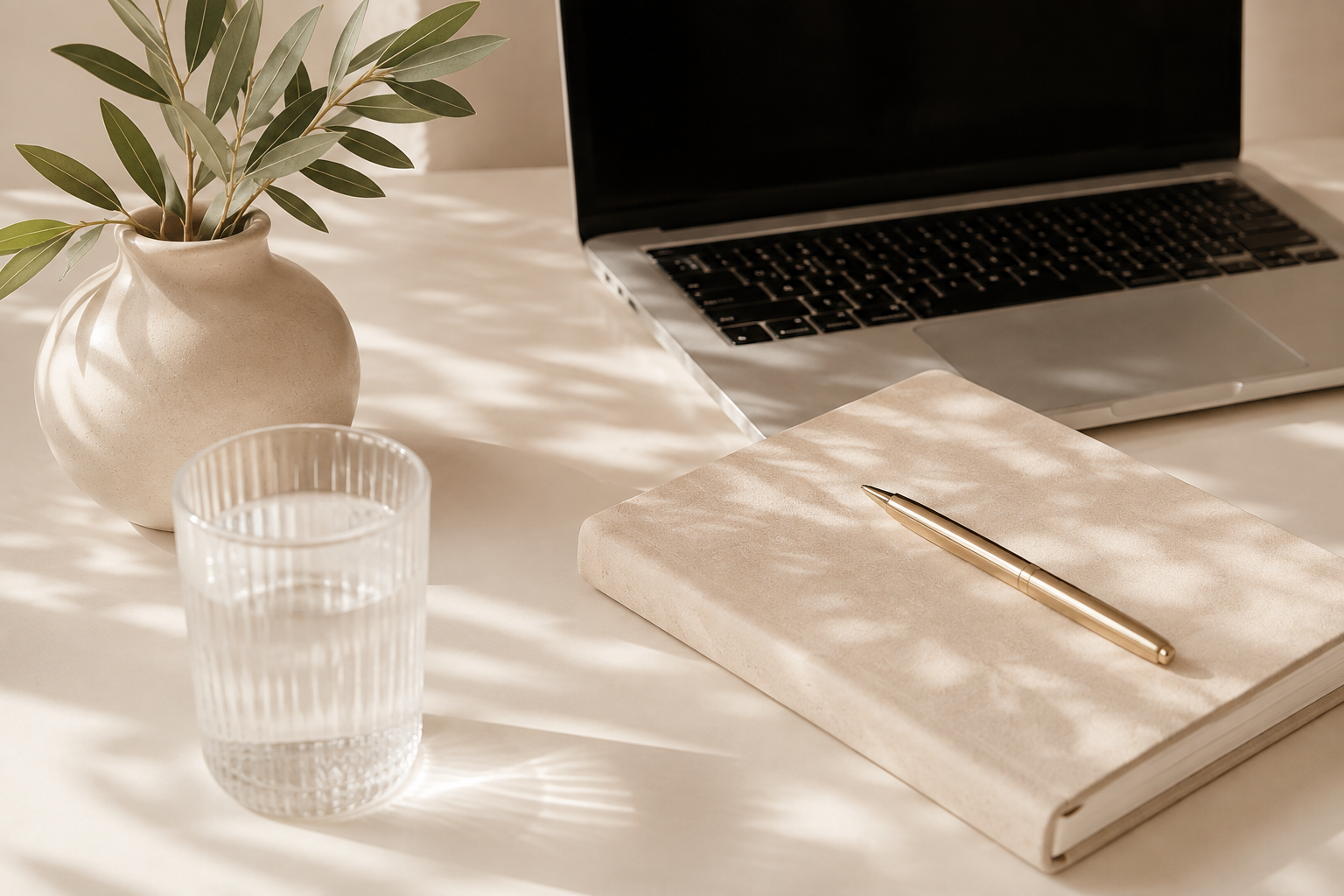 Laptop, notebook and water on a desk representing SEO planning.