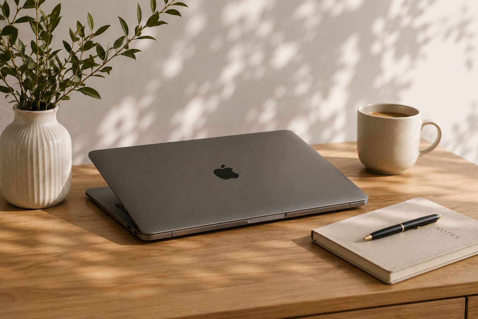 Laptop, notebook and coffee on a desk representing social media planning and content creation.