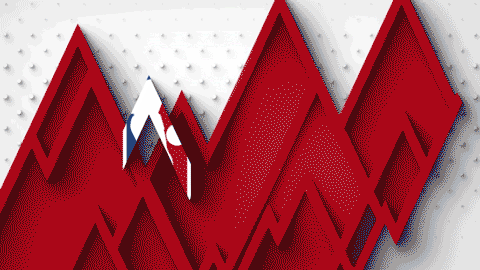 Abstract red and white geometric mountains with a dotted background.