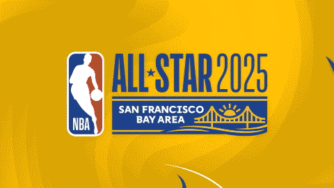 Logo for the NBA All-Star 2025 game in the San Francisco Bay Area, featuring a basketball player silhouette, the NBA logo, and a stylized bridge.