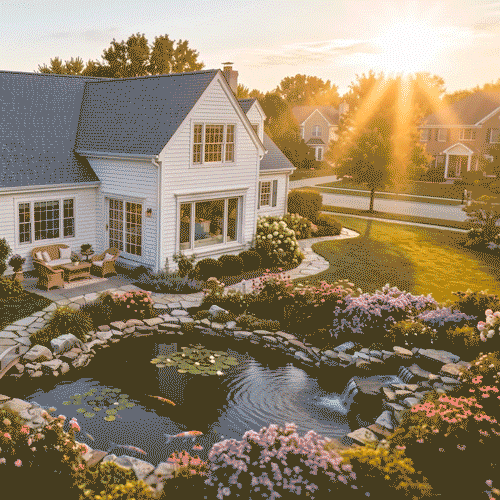 A white house with large windows and a backyard pond surrounded by colorful flowers during sunset in a suburban neighborhood.