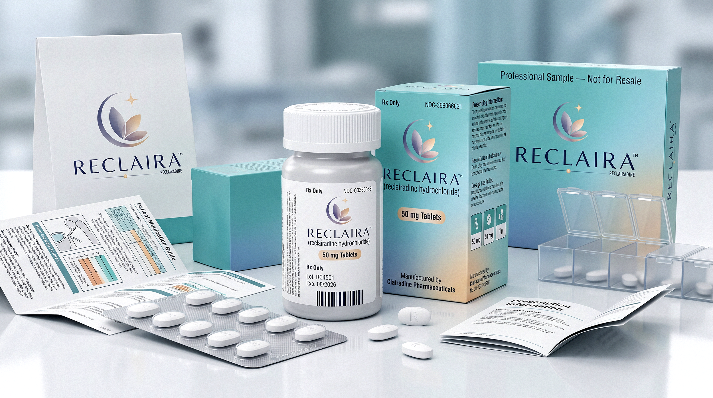 Medical packaging with pills, medication bottles, informational leaflets, and labeling for RECLAIRA, a medication for reclaeridone.