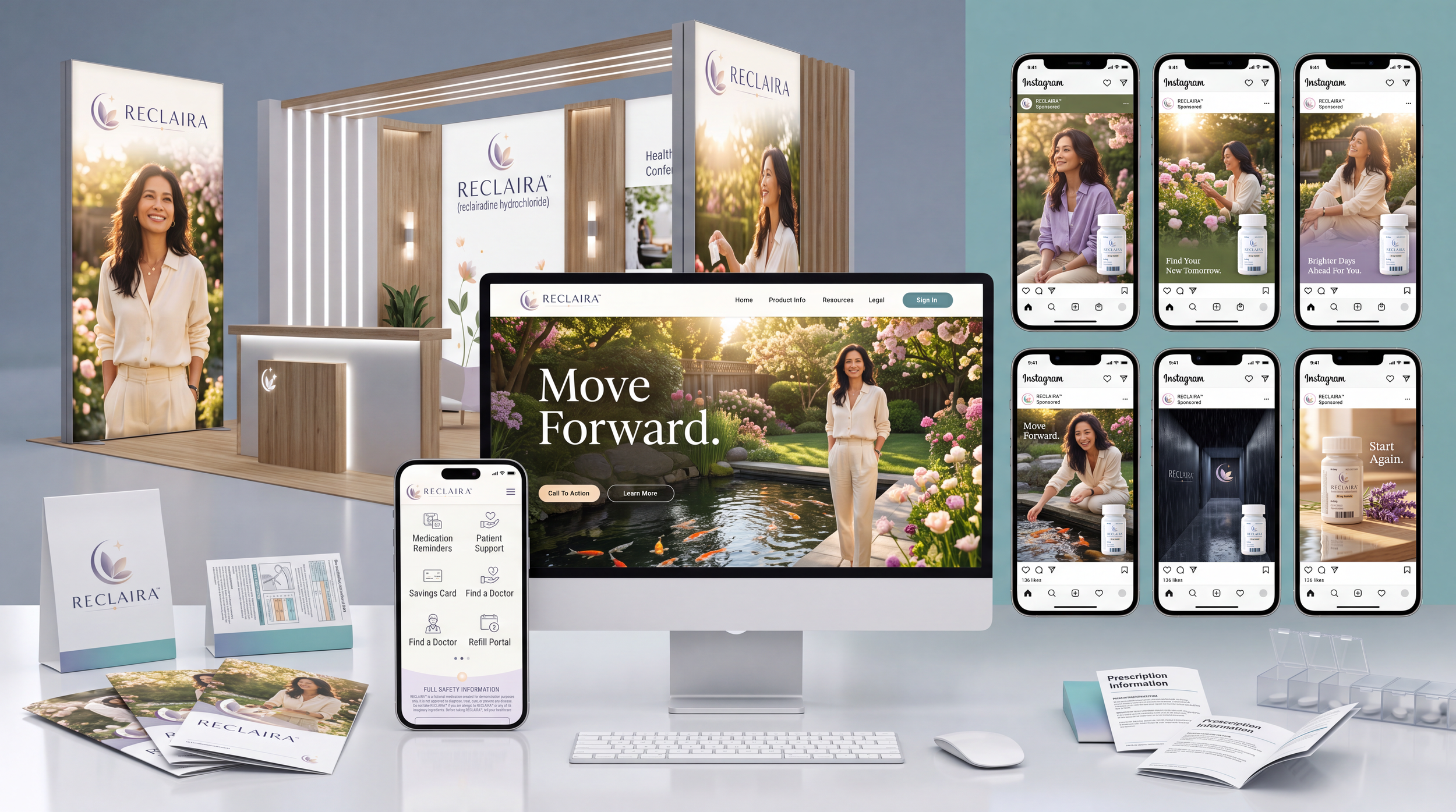 Display booth and digital marketing materials for RECLAIRA, a medication with a focus on moving forward, featuring a woman in an outdoor garden scene on screens and promotional materials.