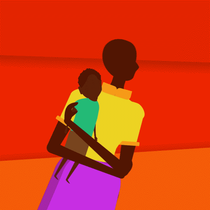 Silhouettes of a woman and child against a red background, with the woman holding the child in her arms.
