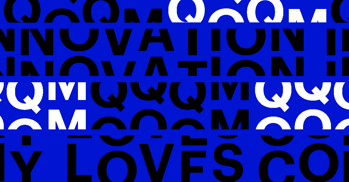 A jumbled, colorful pattern with overlapping words and shapes related to innovation and love in blue, black, and white colors.