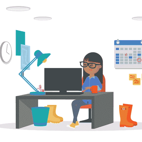 Animated illustration of a woman working at a desk with a computer, surrounded by a desk lamp, a calendar, a cup, and boots on the floor.