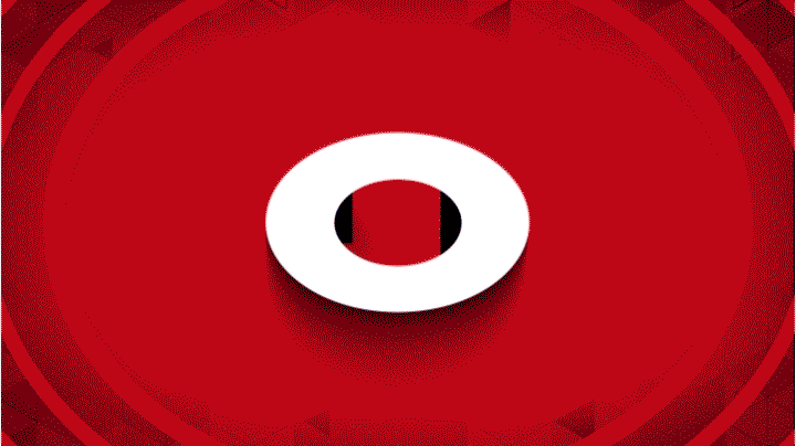 A white O-shaped symbol with a black center, set against a red geometric background.