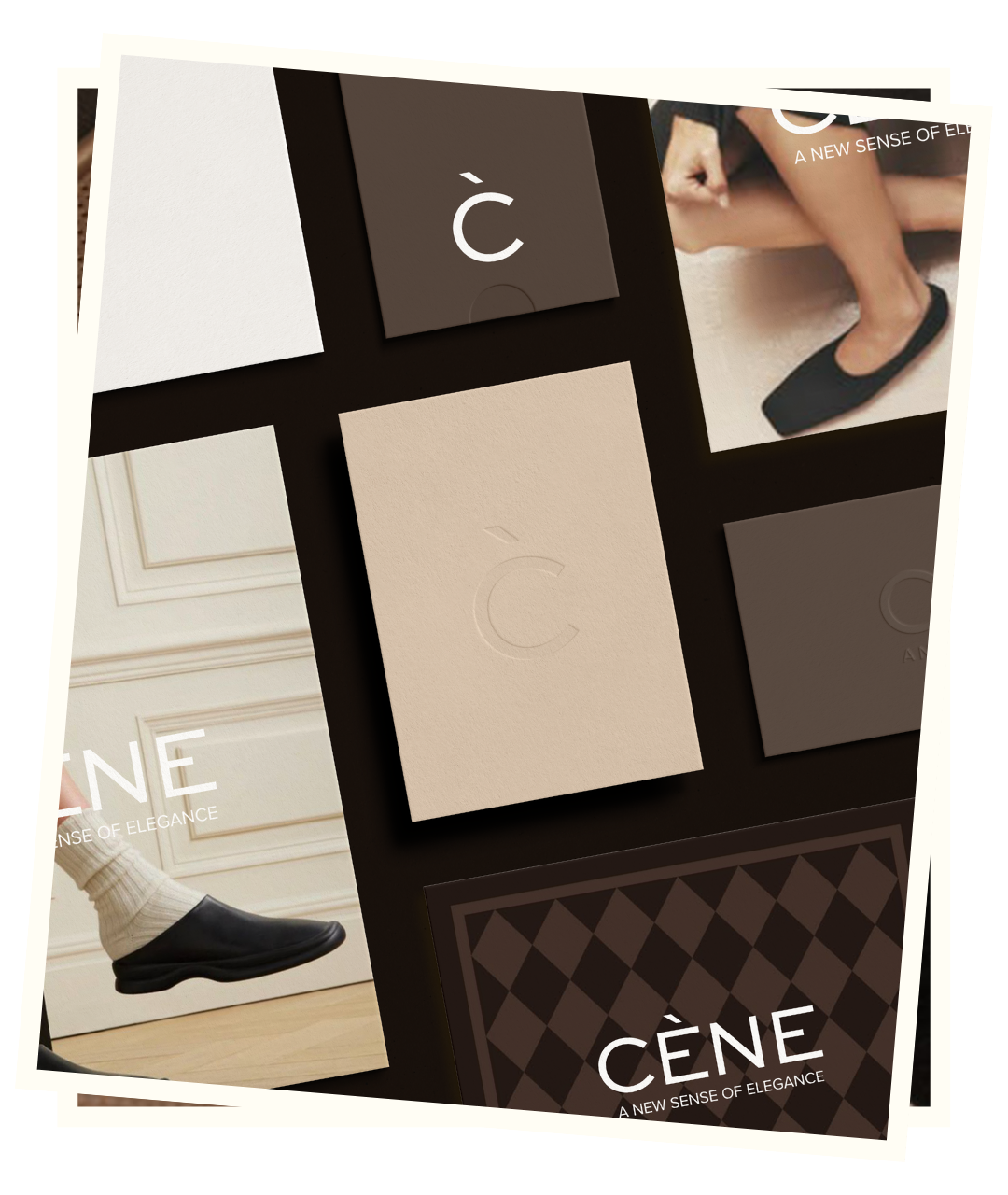 Collage of CÉNE brand packaging and promotional images, featuring minimalist design in neutral tones, and a person wearing black slippers.