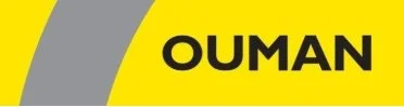 Close-up of a Ouman logo on a yellow and gray background.