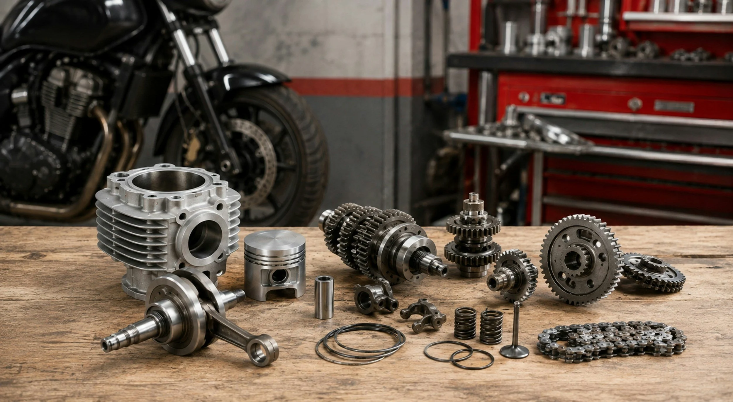 An assortment of disassembled metal engine parts, including a cylinder head, pistons, camshafts, gears, and other mechanical components, arranged on a wooden workbench in a garage or workshop with a motorcycle and red tool chest in the background.
