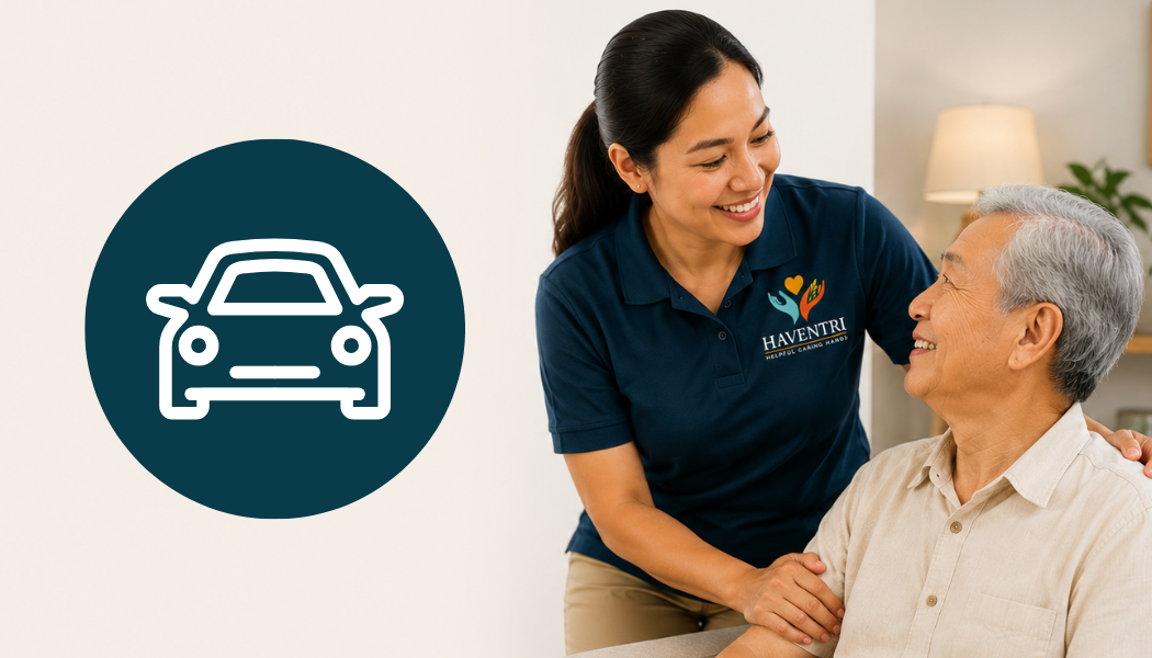 A caregiver smiling and talking to an elderly man in a home setting, with a car icon overlay on the left side of the image.