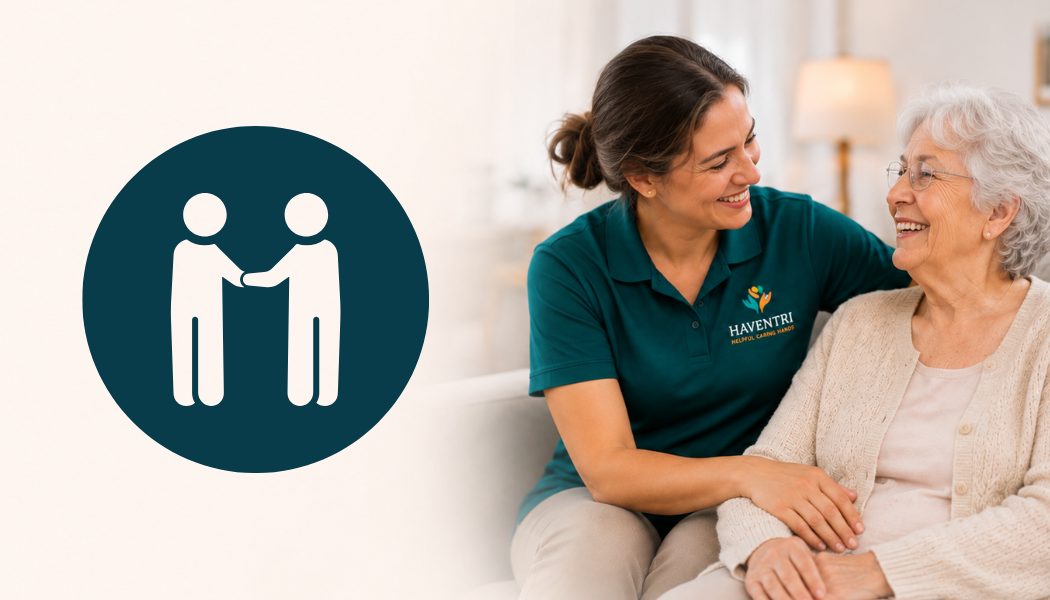 A young caregiver and an elderly woman sharing a happy moment together.