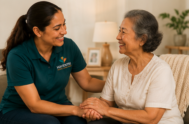 A caregiver smiling and holding hands with an elderly woman in a cozy living room.