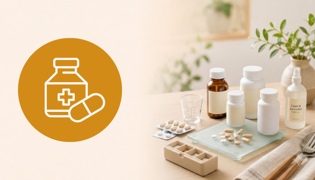 Various medicines and supplements on a tray with a small glass of water, next to a plant in a vase.