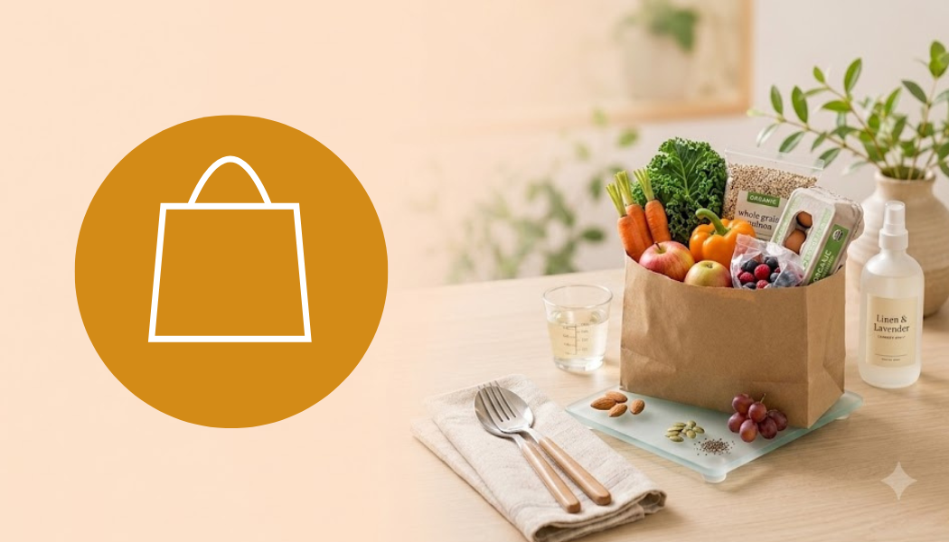 A paper grocery bag filled with fresh vegetables and fruits on a table, with a small glass of water, a napkin with a fork and spoon, and a spray bottle of linen and lavender on the side.