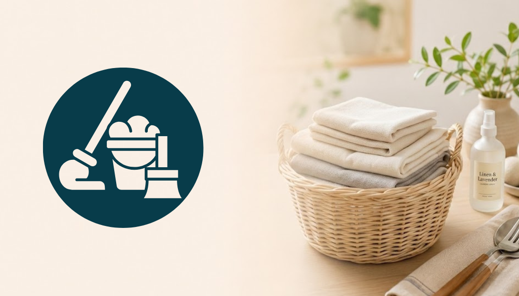 Clean towels in a wicker basket, with cleaning supplies and plants nearby on a wooden table.