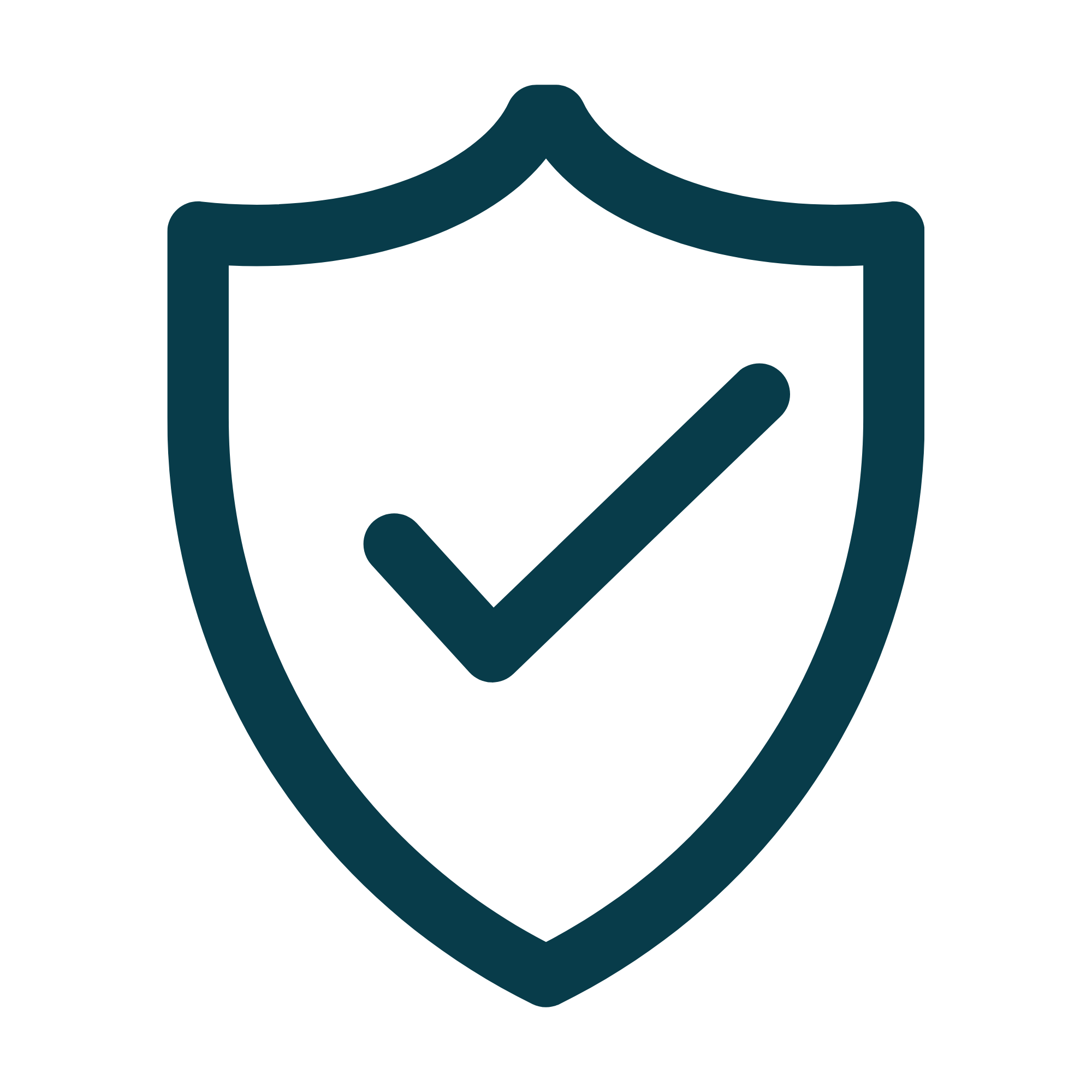 Outline of a hand holding a shield with a check mark inside.