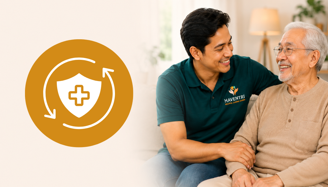 A caregiver and an elderly man sharing a warm moment indoors, with an icon representing health recovery or healthcare on the left side.