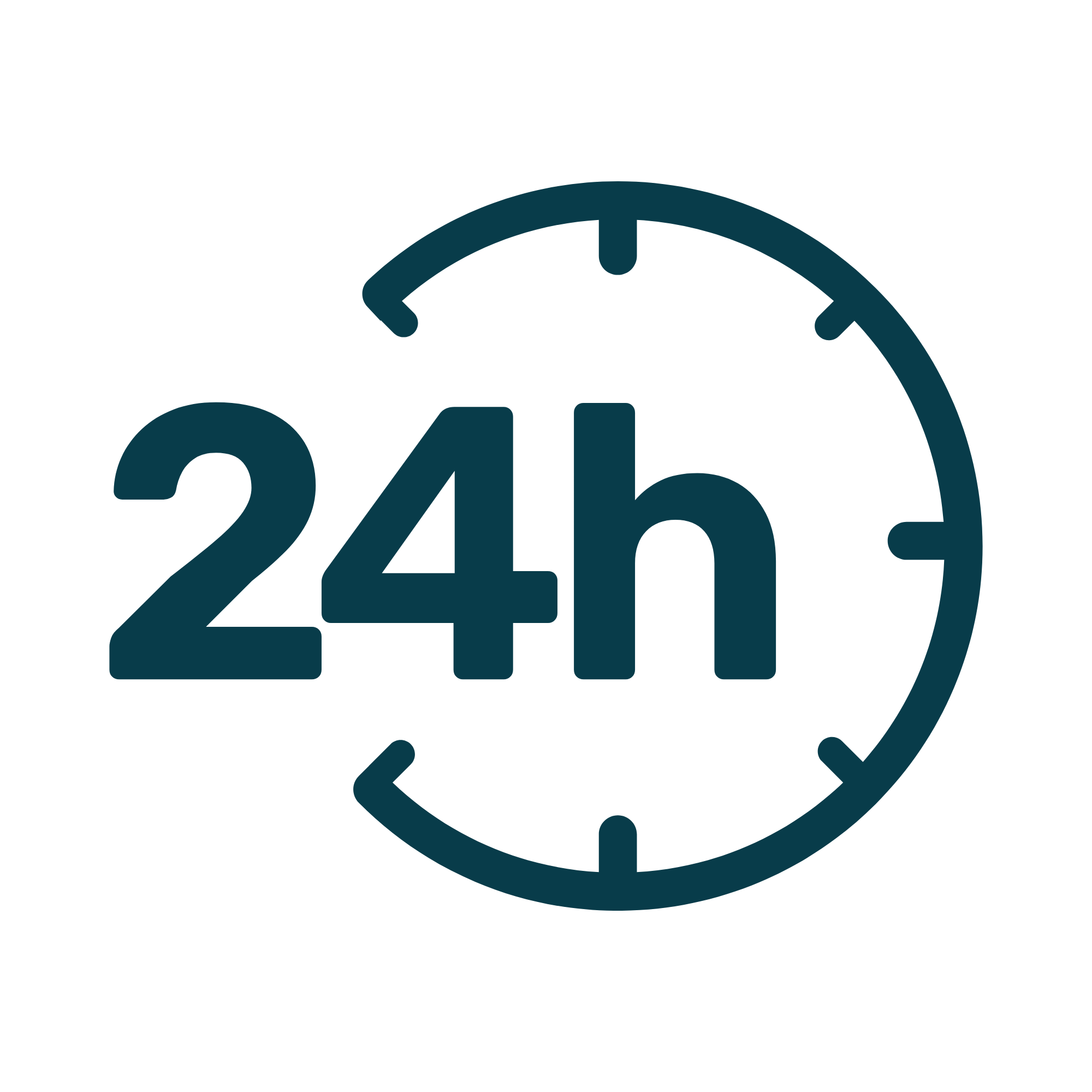 A clock face showing 2:45 with an arrow pointing to 4. The text '24h' is written below the clock.