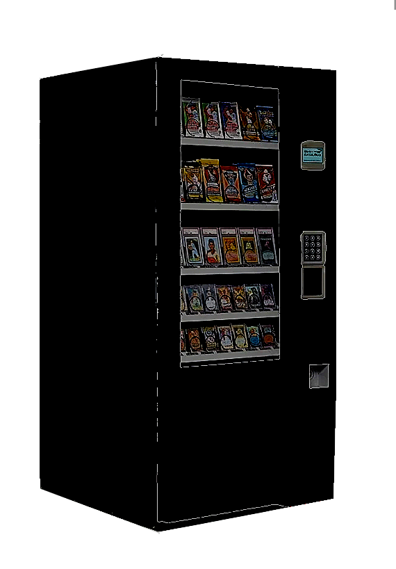 Vending machine with snacks and chips, digital payment screen, keypad, and coin return slot.