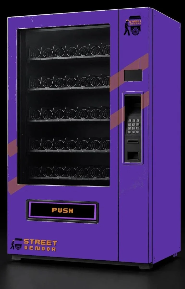 Purple vending machine with a glass front and multiple empty shelves, featuring a payment keypad and card reader on the right side, with the words "PUSH" and "STREET VENDOR" on the front panel.