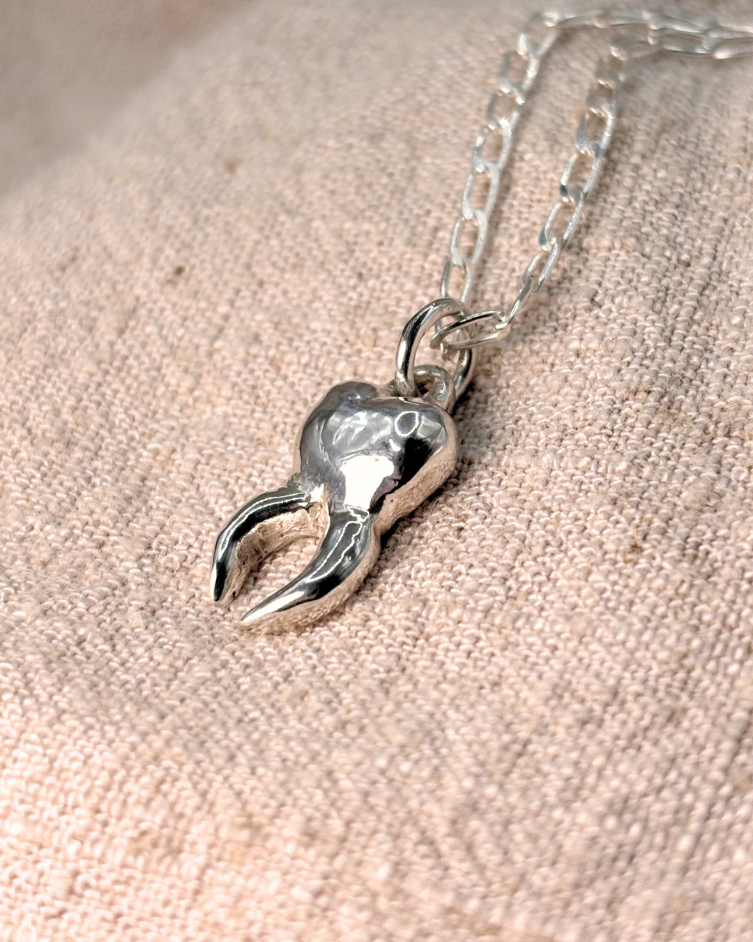 Sugar Tooth Pendant with Paper clip style chain laying on fabric